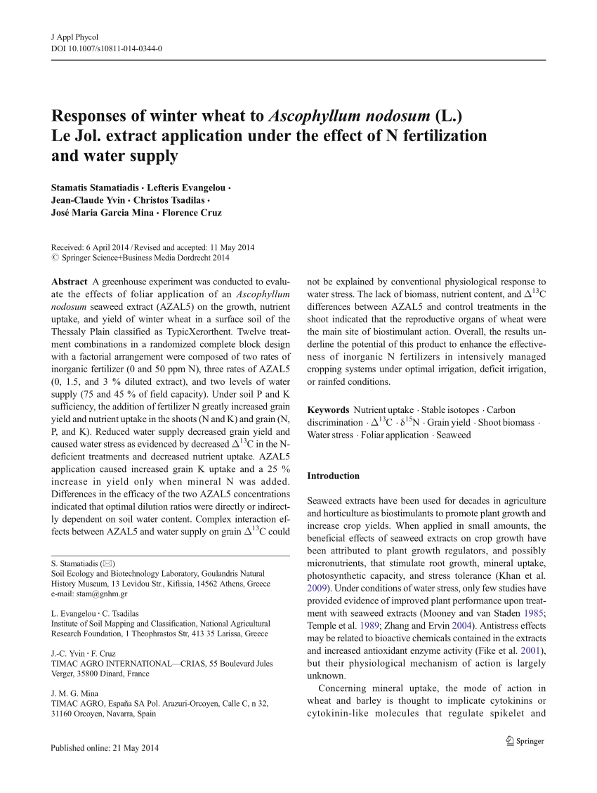 Pdf Responses Of Winter Wheat To Ascophyllum Nodosum L Le Jol Extract Application Under The Effect Of N Fertilization And Water Supply