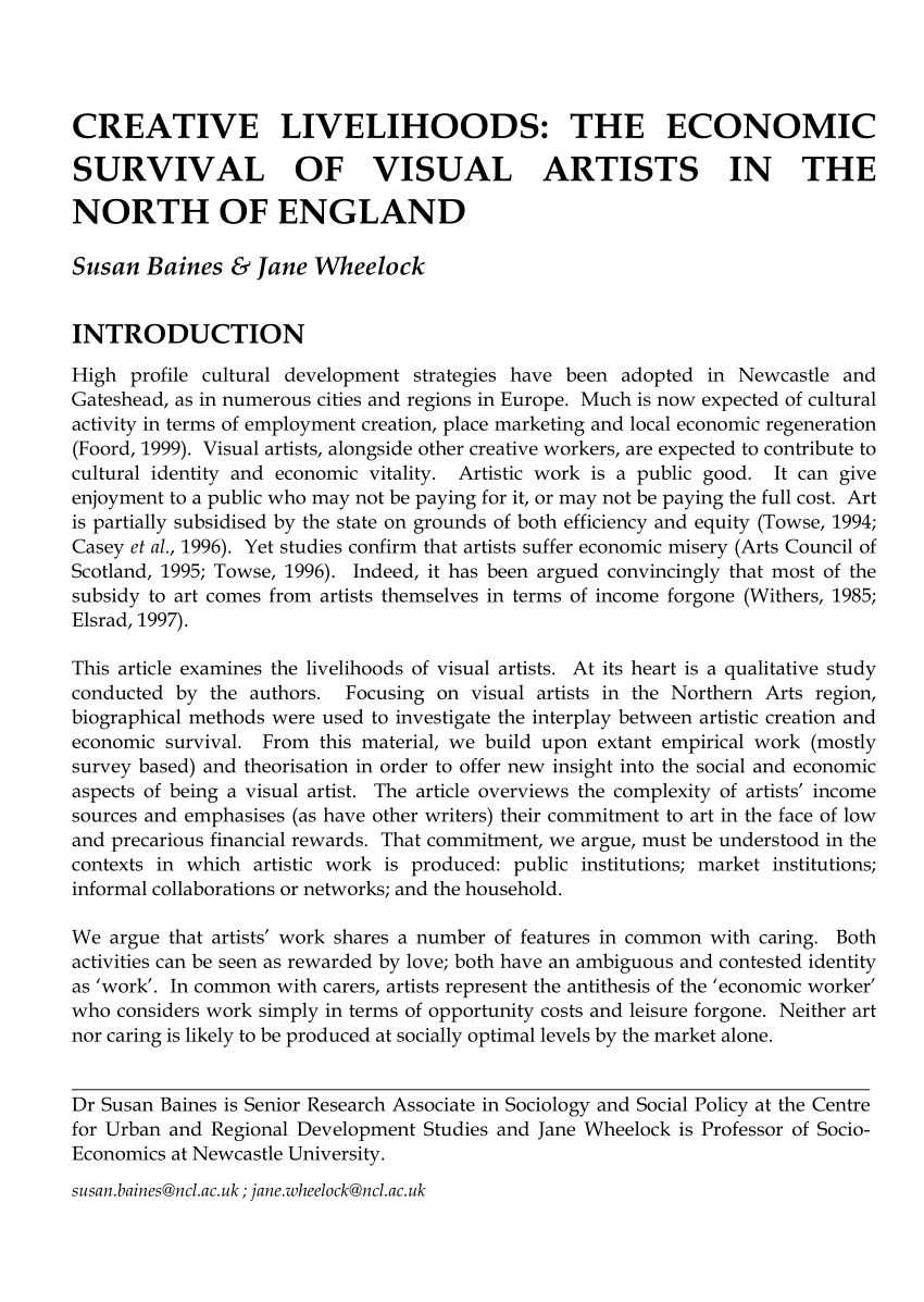 Pdf Creative Livelihoods The Economic Survival Of Visual Artists In The North Of England