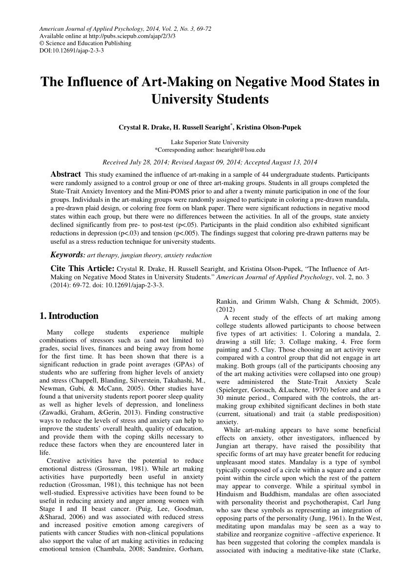 Pdf The Influence Of Art Making On Negative Mood States In - 