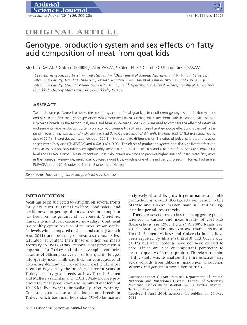 PDF) Genotype, production system and sex effects on fatty acid composition  of meat from goat kids