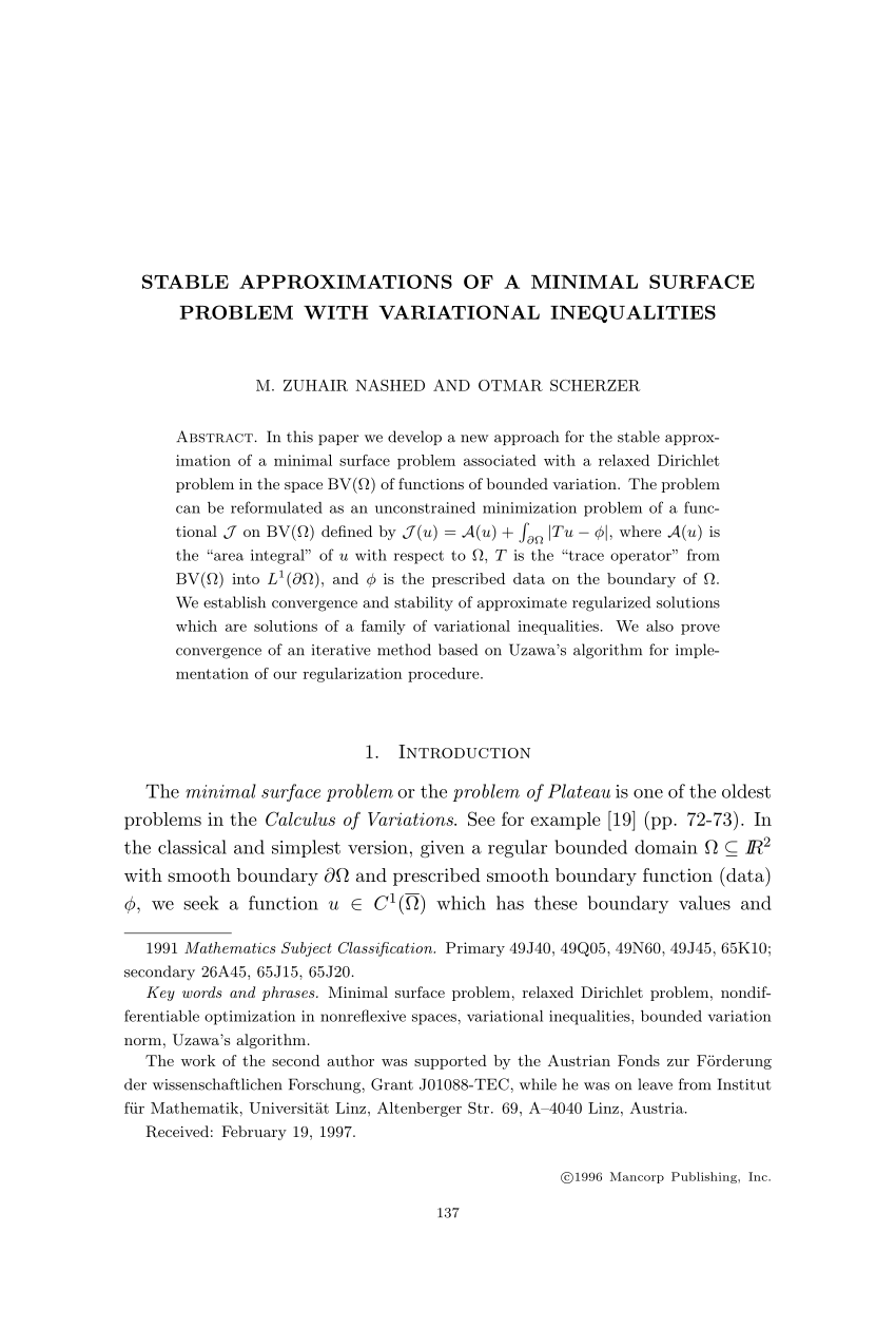 Pdf Stable Approximations Of A Minimal Surface Problem With Variational Inequalities