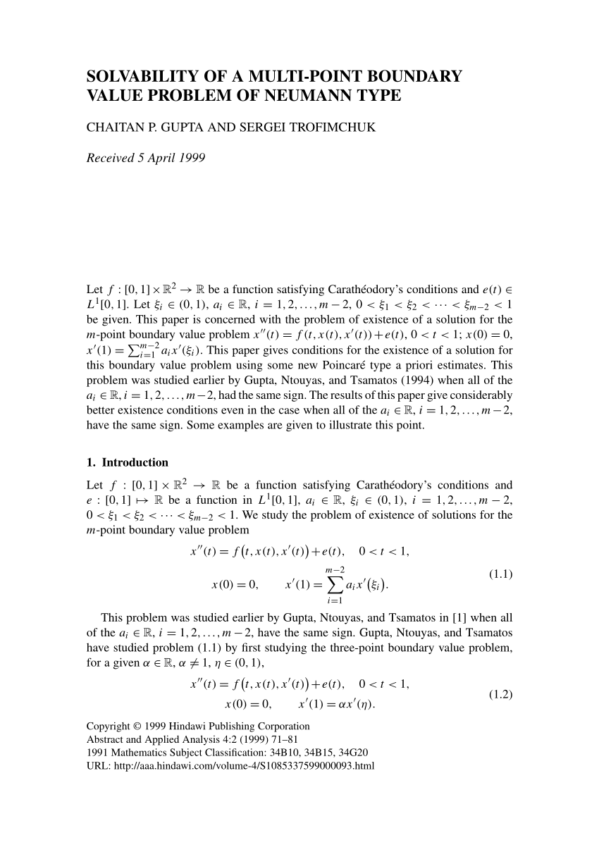 Pdf Solvability Of A Multi Point Boundary Value Problem Of Neumann Type
