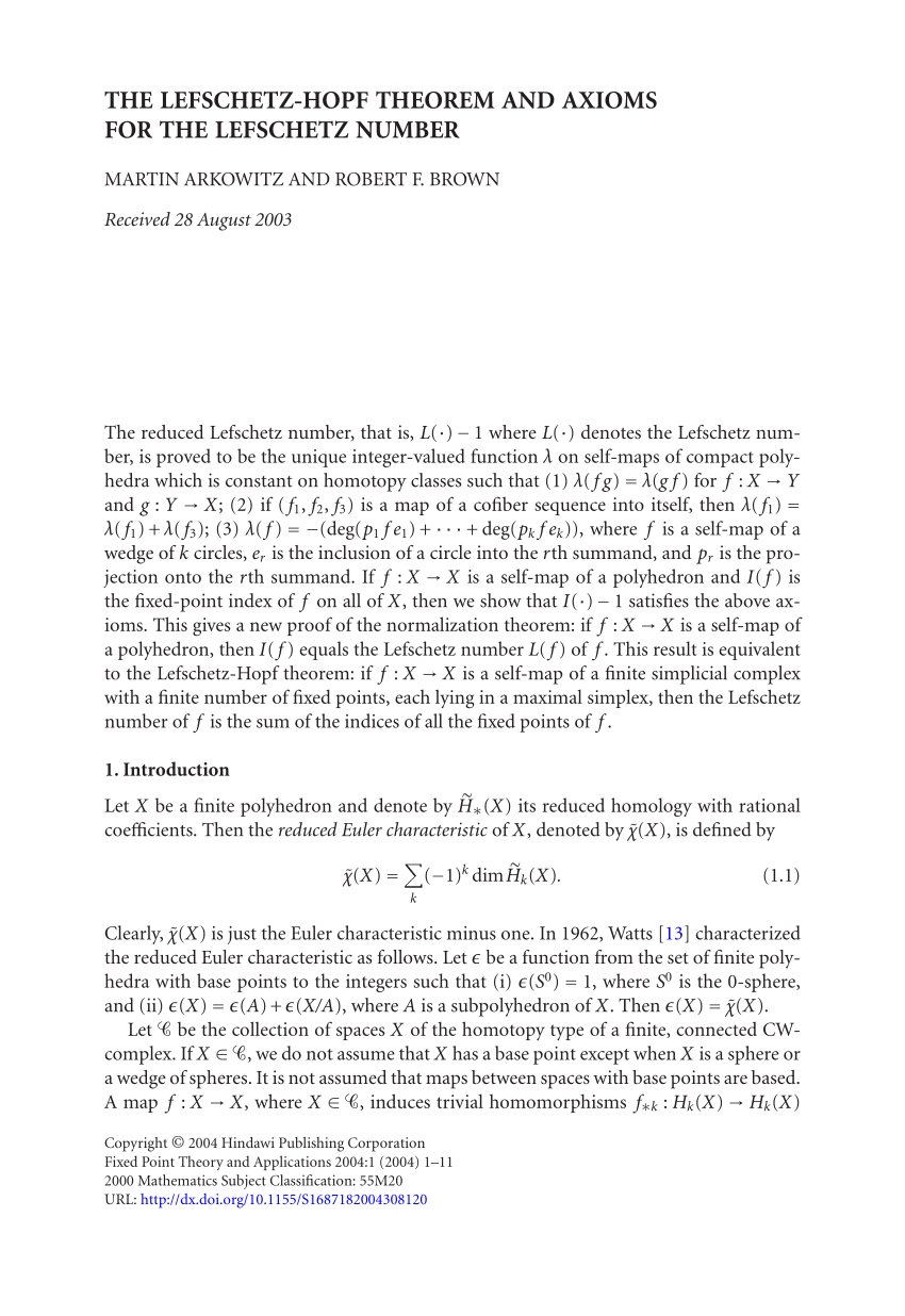 Pdf The Lefschetz Hopf Theorem And Axioms For The Lefschetz Number