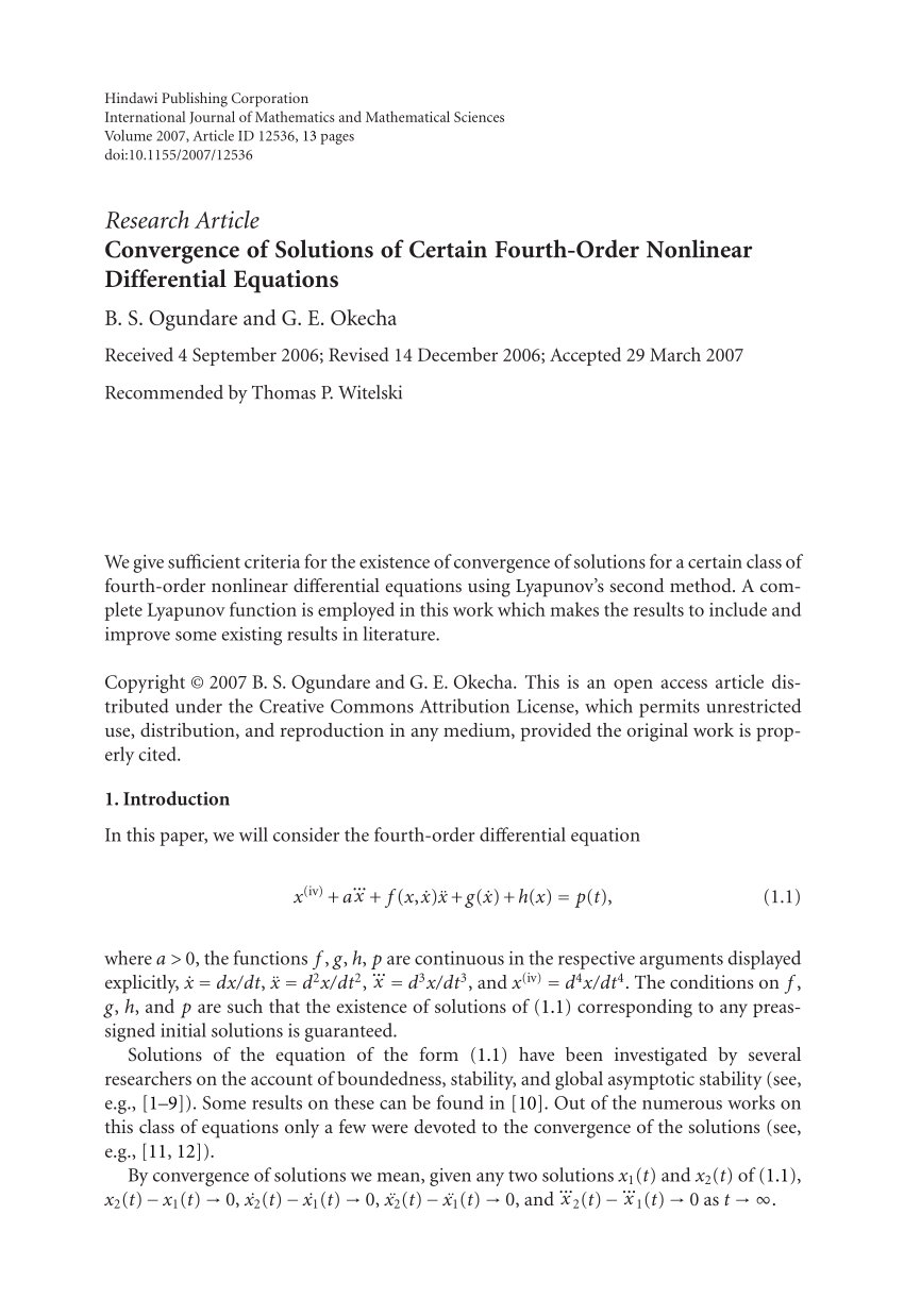 Pdf Convergence Of Solutions Of Certain Fourth Order Nonlinear Differential Equations