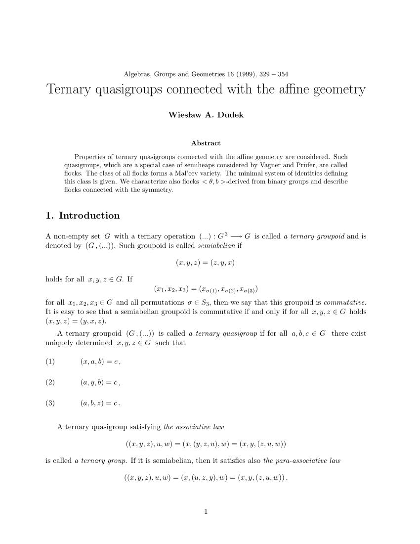 Pdf Ternary Quasigroups Connected With The Affine Geometry