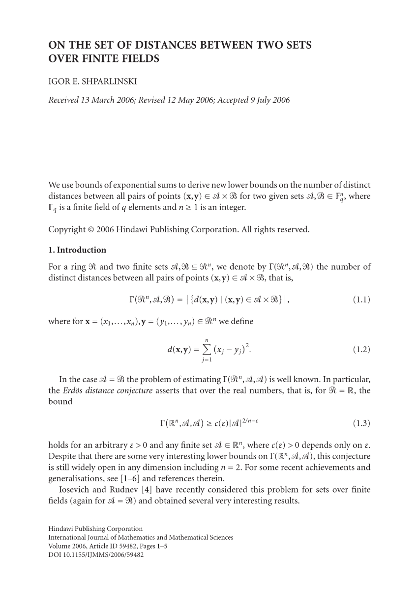 Pdf On The Set Of Distances Between Two Sets Over Finite Fields