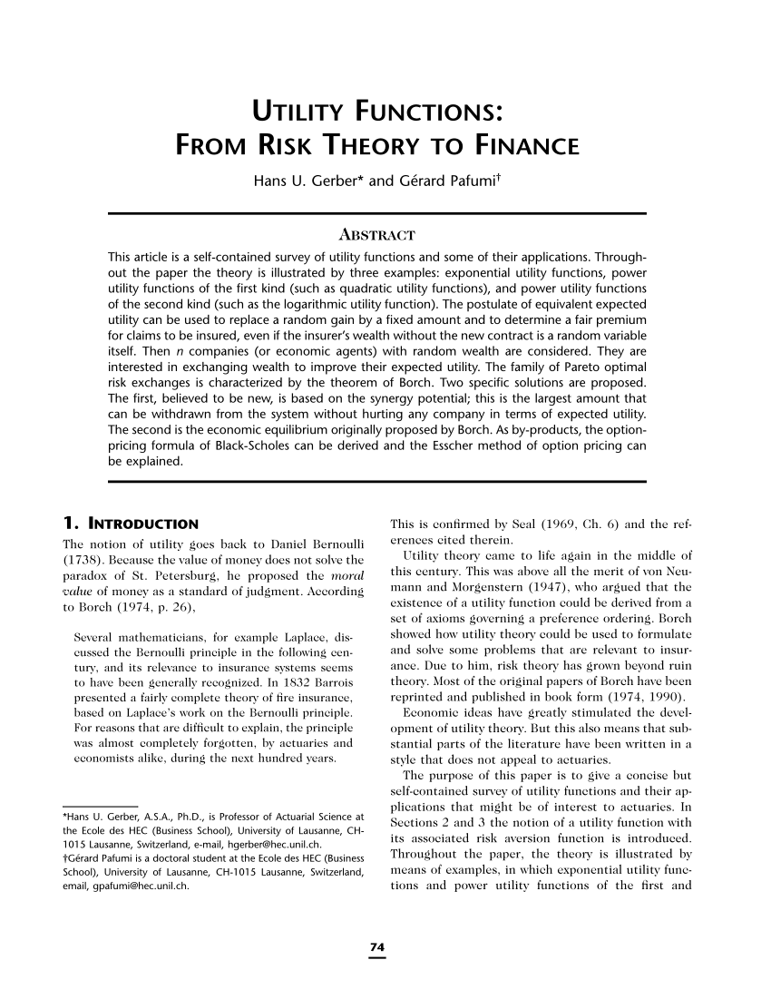 Pdf Utility Functions From Risk Theory To Finance With Discussion And A Reply By The Authors