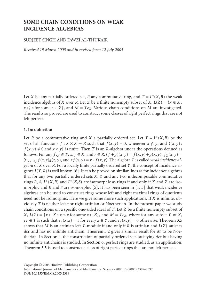 Pdf Some Chain Conditions On Weak Incidence Algebras