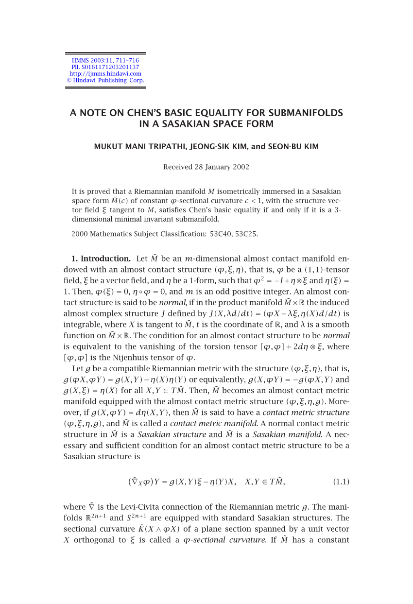 Pdf A Note On Chen S Basic Equality For Submanifolds In A Sasakian Space Form