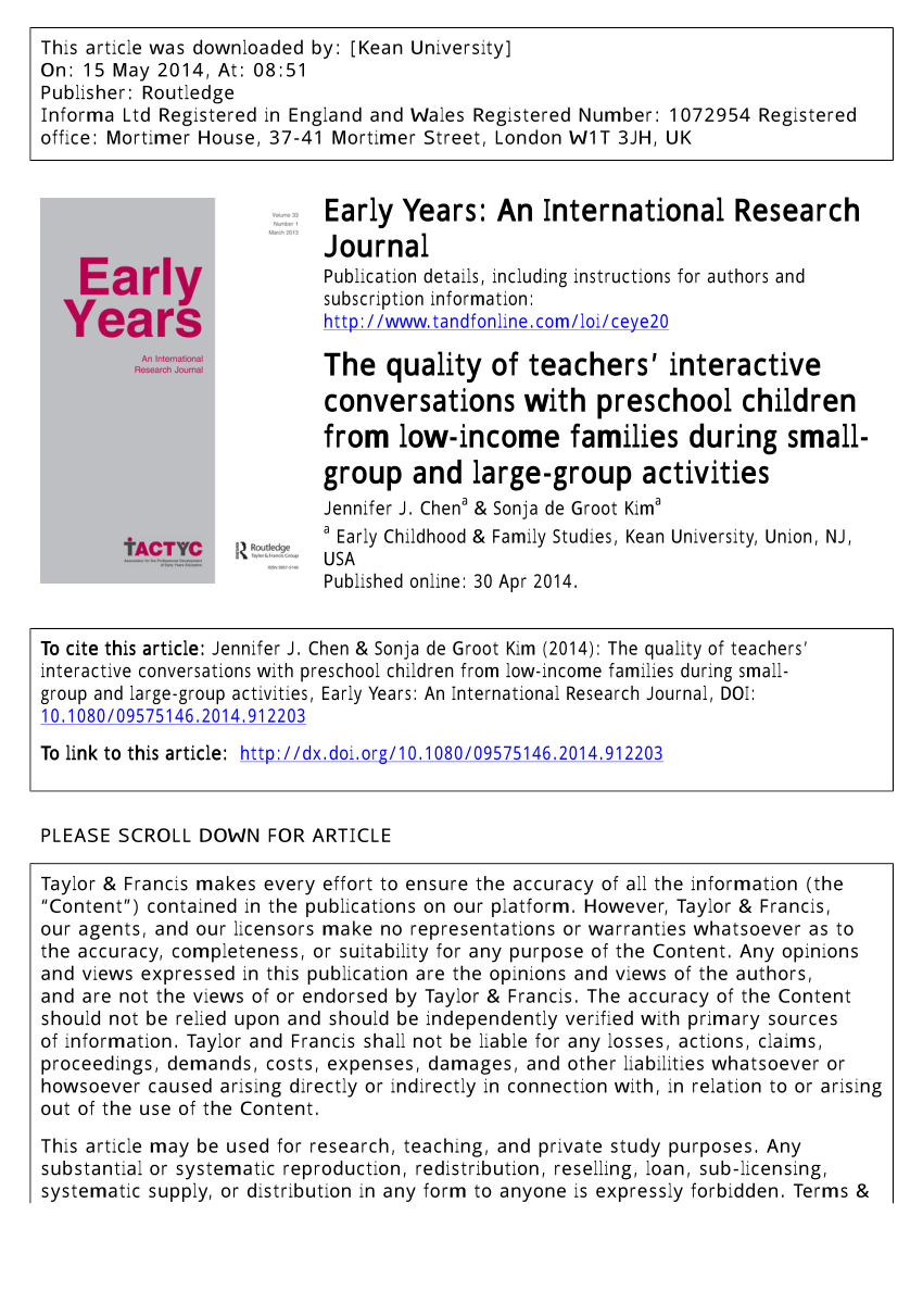 Pdf The Quality Of Teachers Interactive Conversations With Preschool Children From Low Income Families During Small Group And Large Group Activities