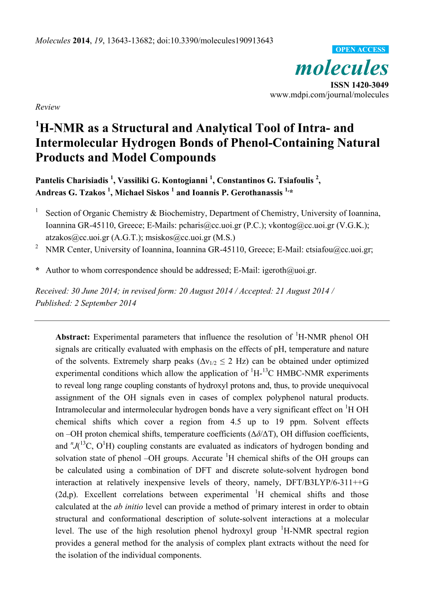 Pdf H 1 Nmr As A Structural And Analytical Tool Of Intra And Intermolecular Hydrogen Bonds Of Phenol Containing Natural Products And Model Compounds
