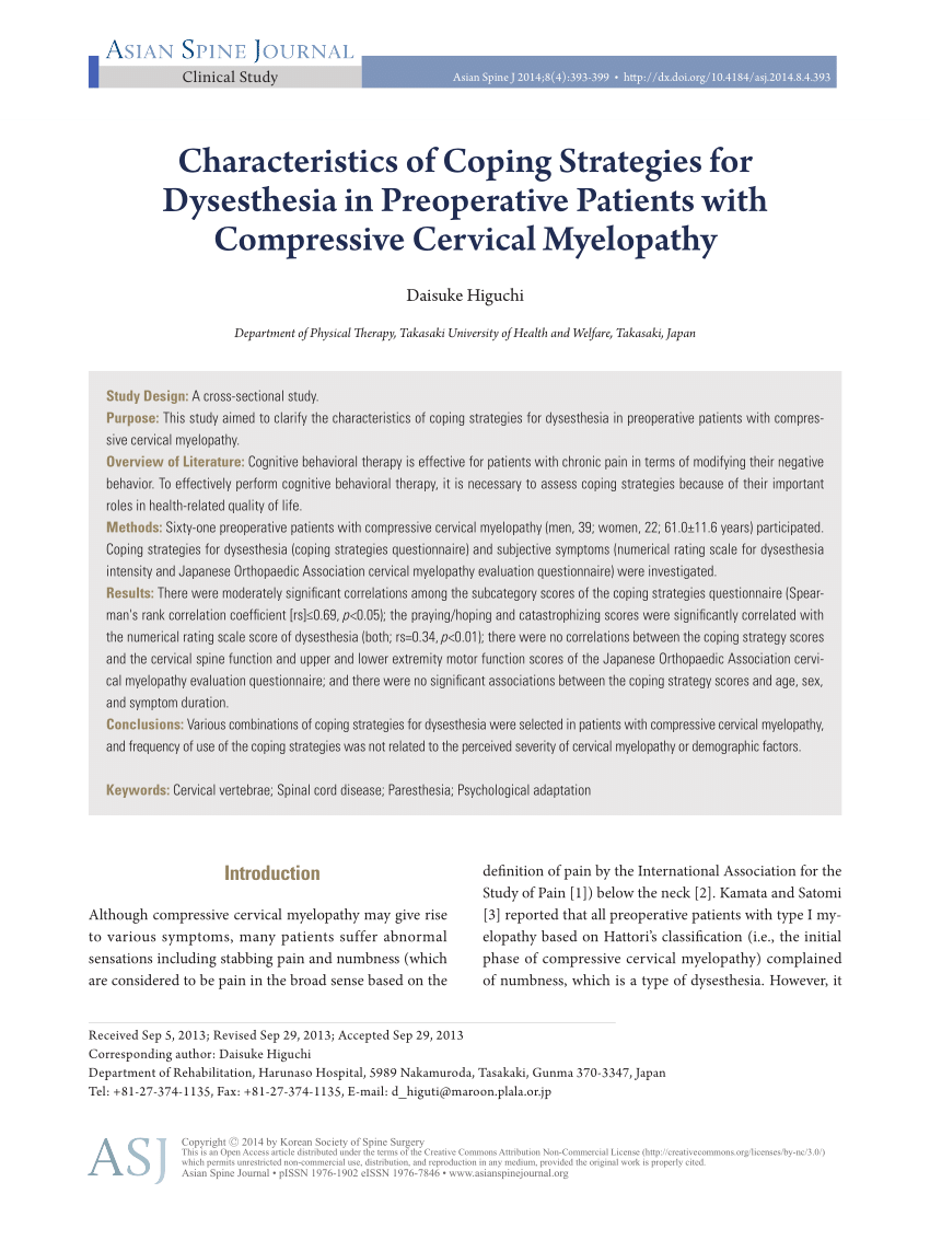 (PDF) Characteristics of Coping Strategies for Dysesthesia in