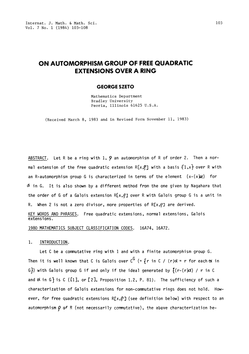 Pdf On Automorphism Group Of Free Quadratic Extensions Over A Ring