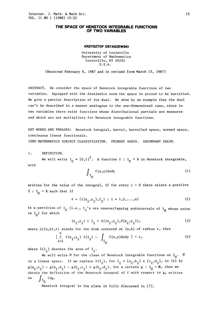 Pdf The Space Of Henstock Integrable Functions Of Two Variables