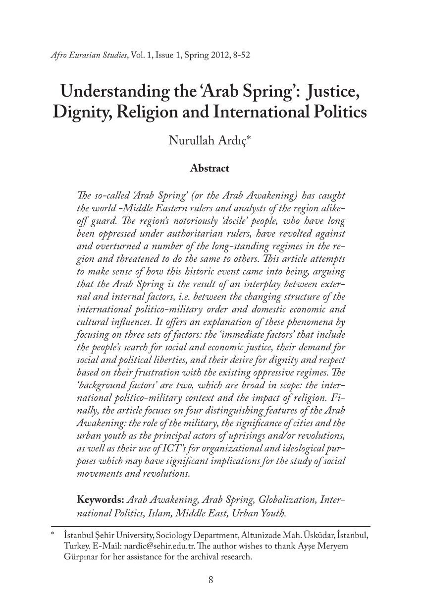 Pdf Understanding The Arab Spring Justice Dignity Religion And International Politics