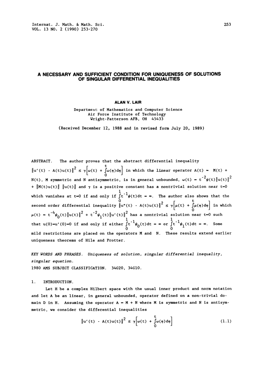 Pdf A Necessary And Sufficient Condition For Uniqueness Of Solutions Of Singular Differential Inequalities