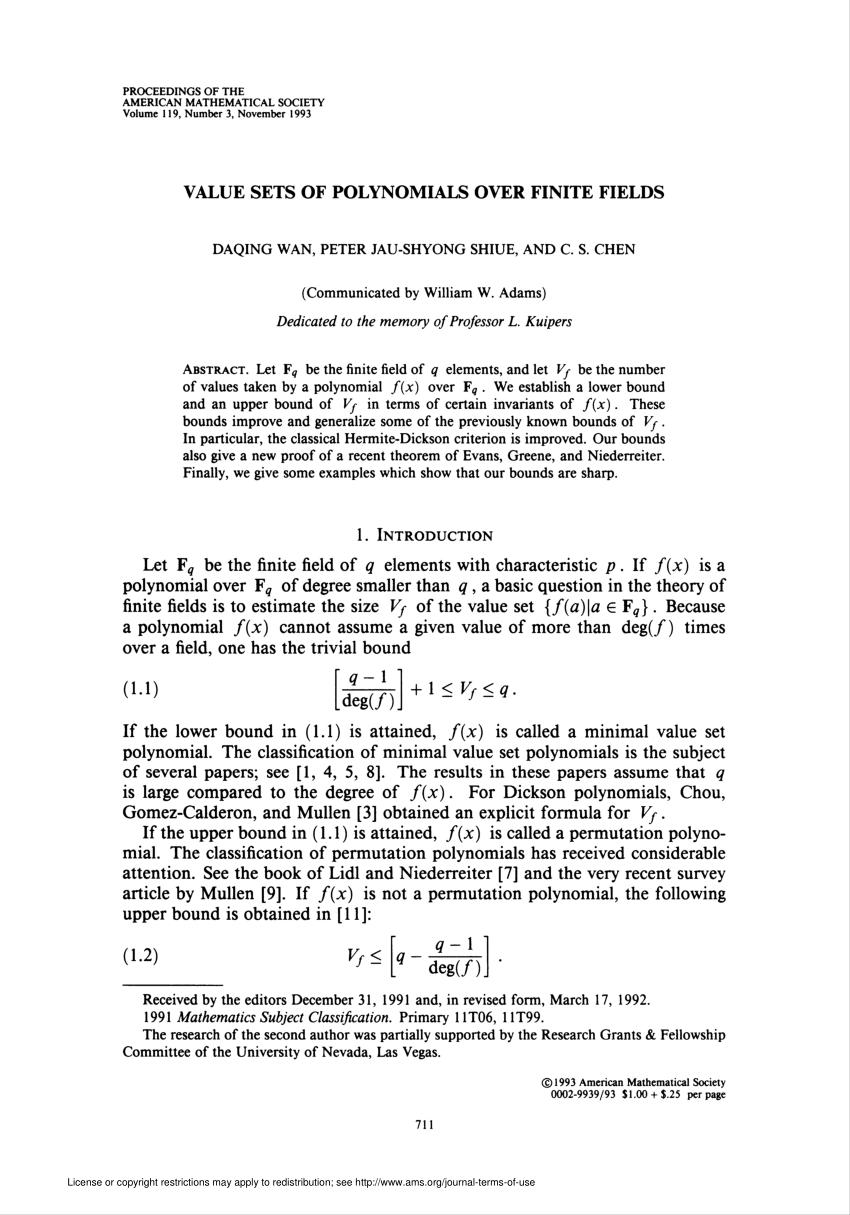 Pdf Value Sets Of Polynomials Over Finite Fields