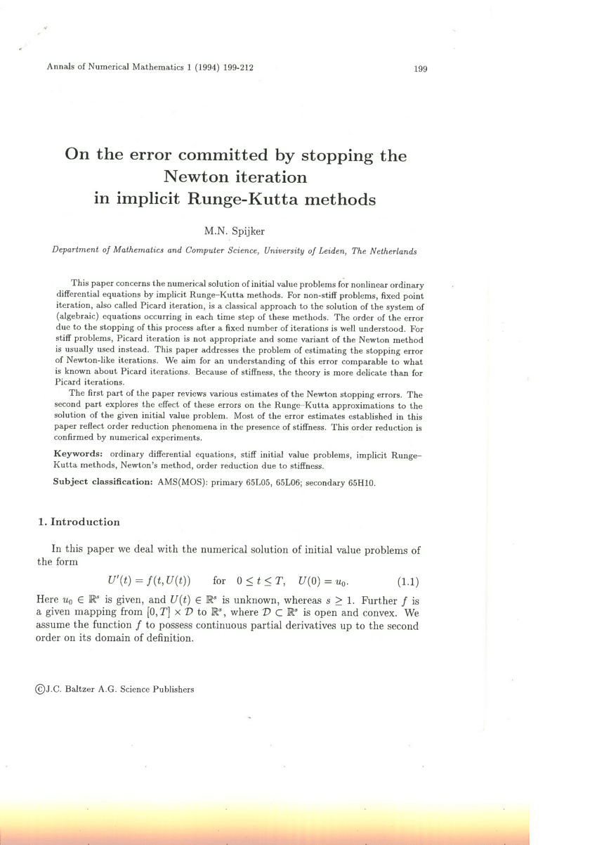 Pdf On The Error Committed By Stopping The Newton Iteration In Implicit Runge Kutta Methods