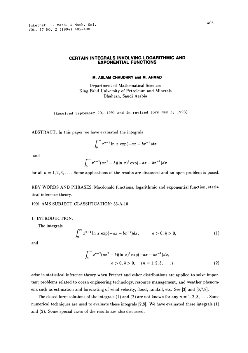 Pdf Certain Integrals Involving Logarithmic And Exponential Functions