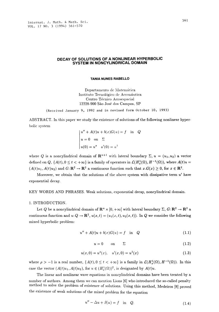 Pdf Decay Of Solutions Of A Nonlinear Hyperbolic System In Noncylindrical Domain