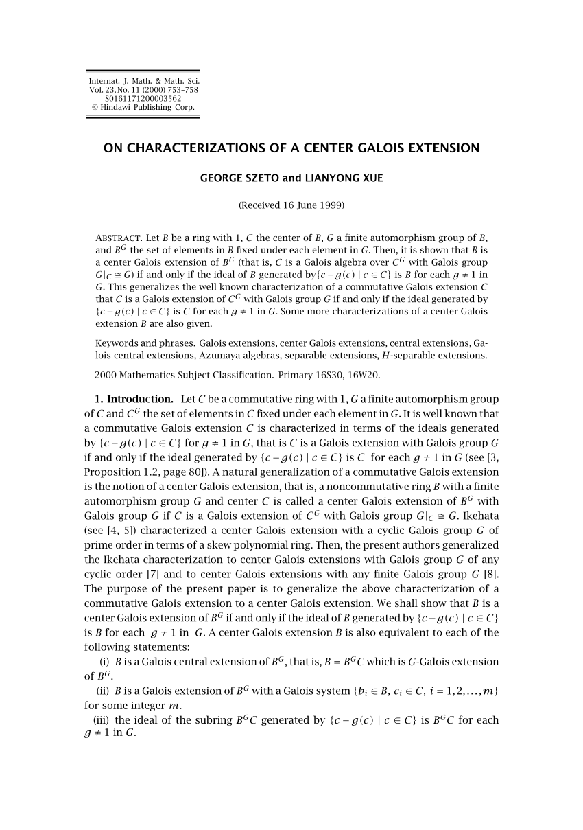 Pdf On Characterizations Of A Center Galois Extension