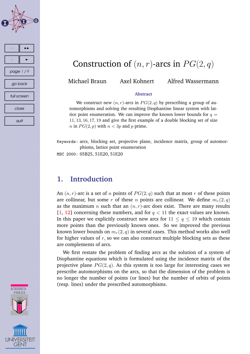 Pdf Construction Of N R Arcs In Pg 2 Q