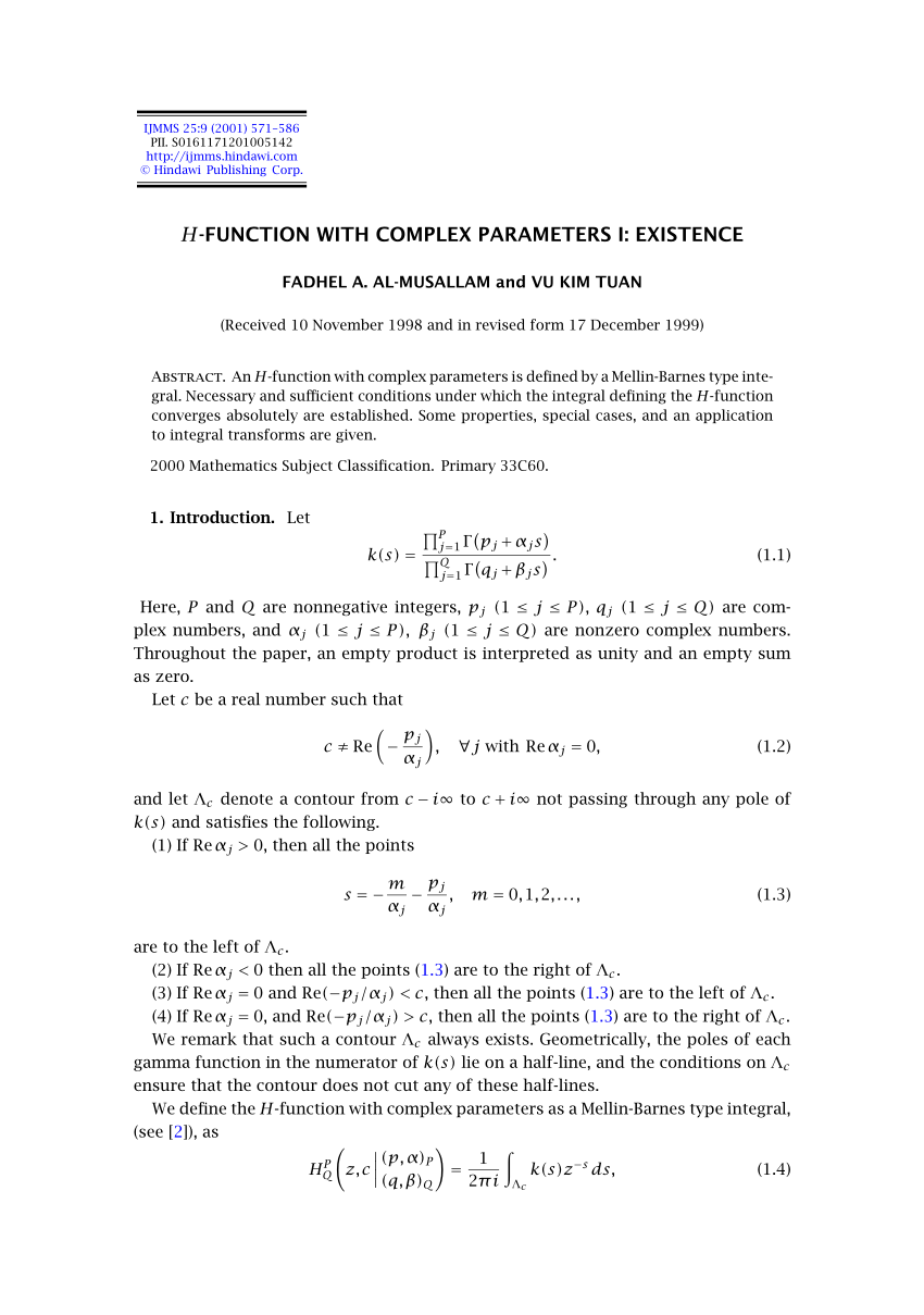 Pdf H Function With Complex Parameters I Existence