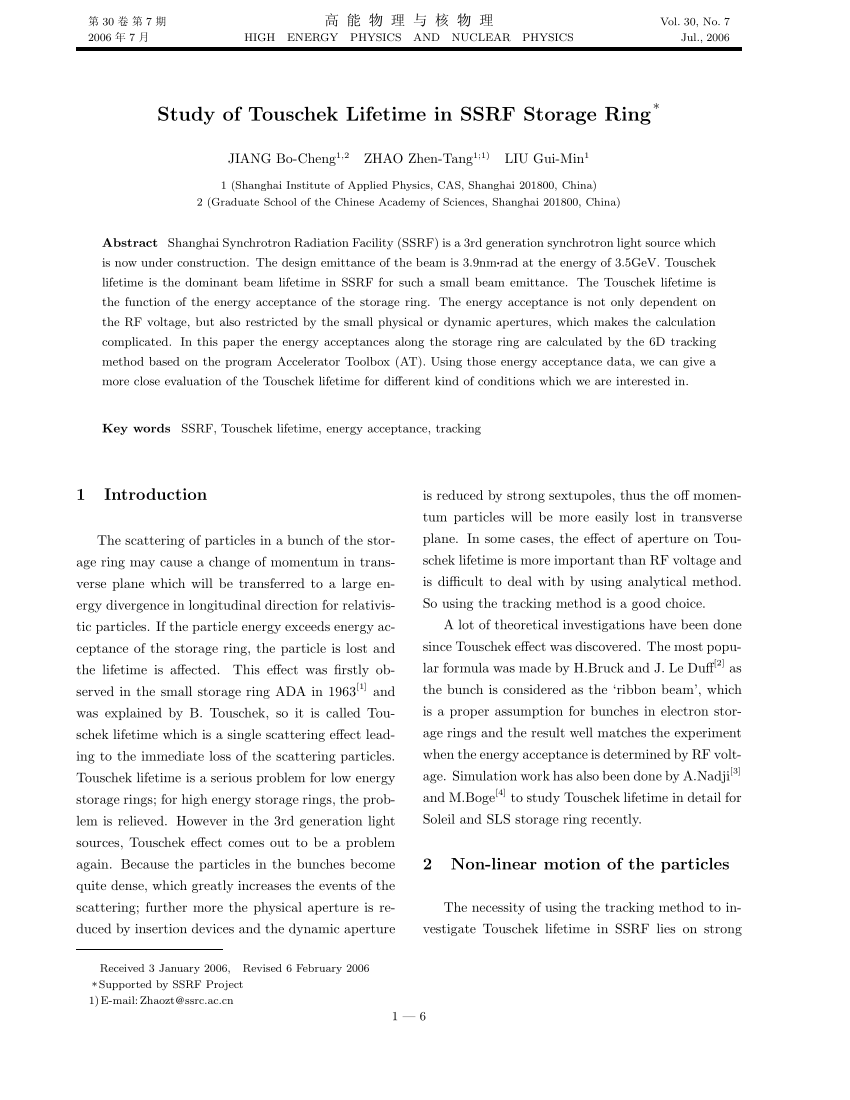 Pdf Study Of Touschek Lifetime In Ssrf Storage Ring