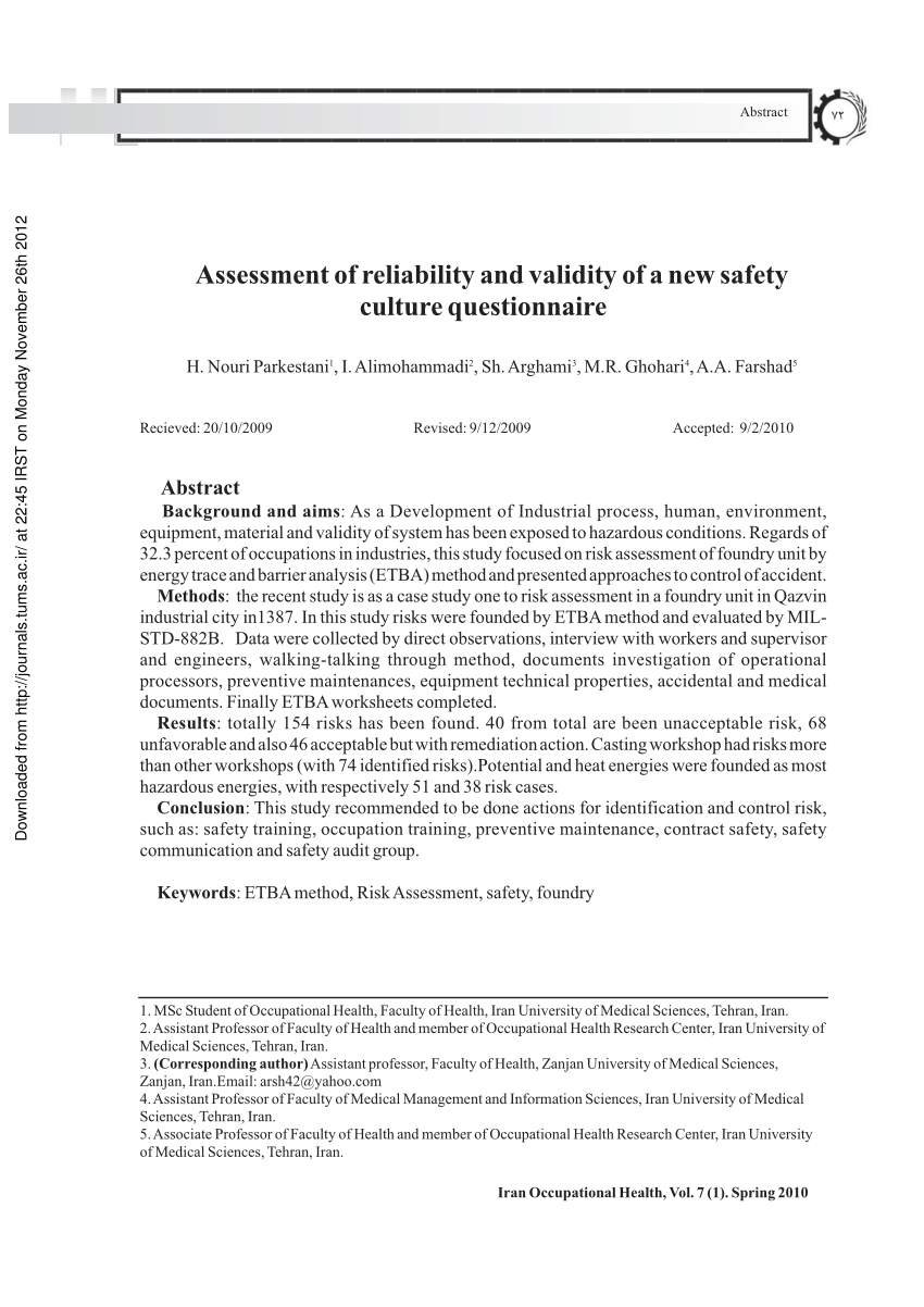Pdf Assessment Of Reliability And Validity Of A New Safety Culture Questionnaire