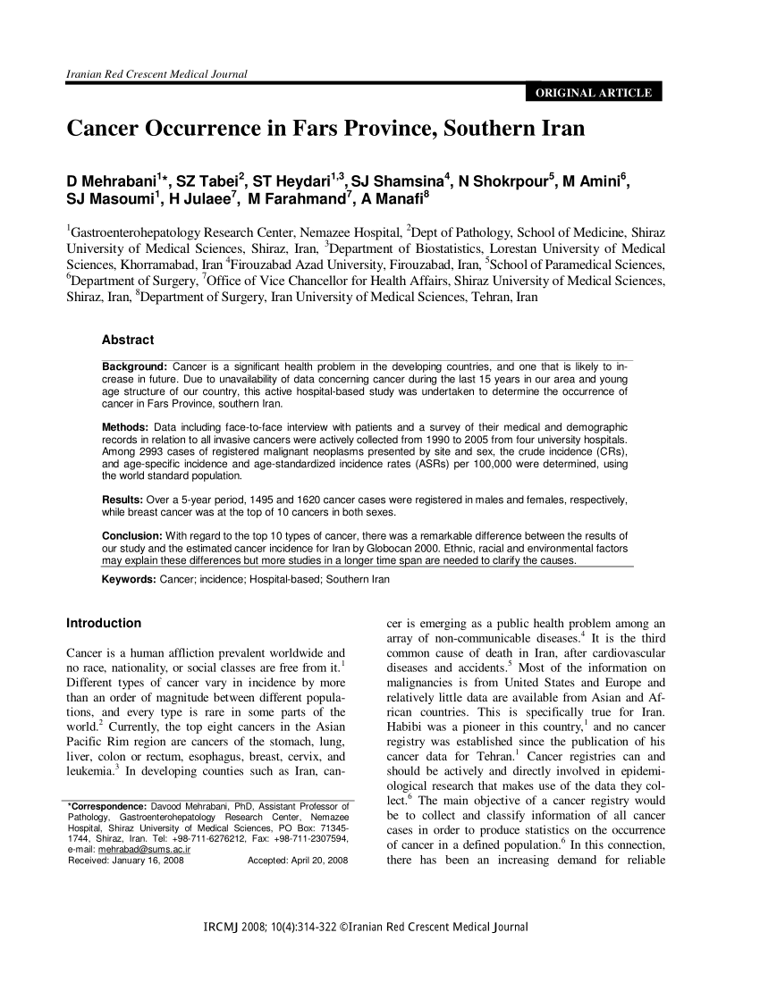 Pdf Cancer Occurrence In Fars Province Southern Iran