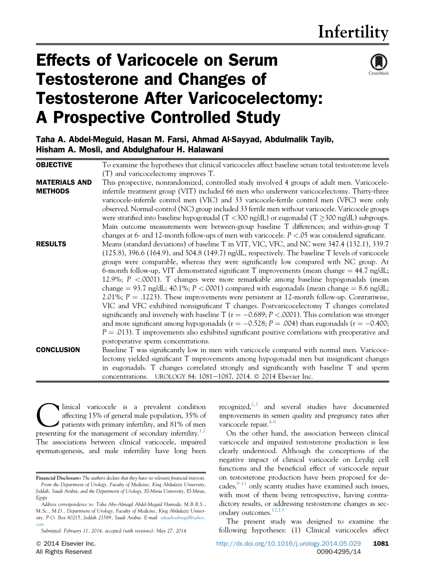 PDF) Effects of Varicocele on Serum Testosterone and Changes of  Testosterone After Varicocelectomy: A Prospective Controlled Study