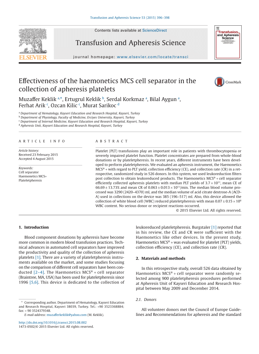 pdf comparison of plateletpheresis on the fenwal amicus fresenius com tec and trima accel cell separators