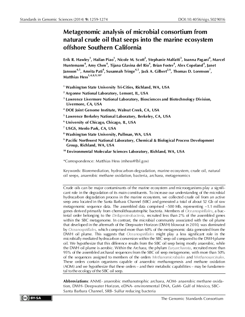 Pdf Metagenomic Analysis Of Microbial Consortium From Natural Crude Oil That Seeps Into The Marine Ecosystem Offshore Southern California