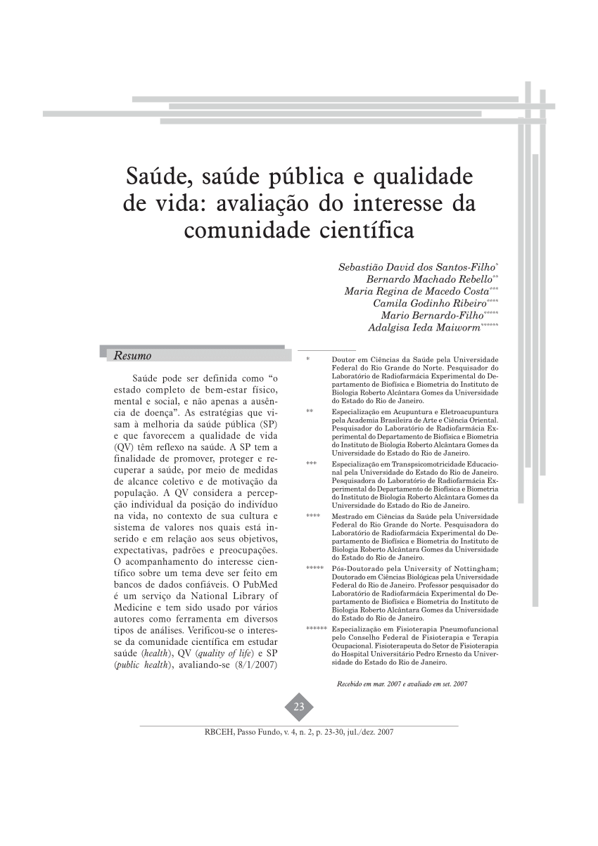 PDF) Saúde, saúde pública e qualidade de vida: avaliação do interesse da  comunidade científica