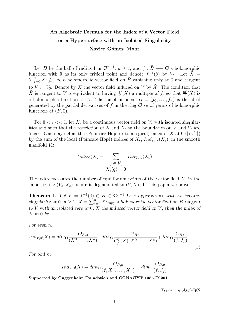 Pdf An Algebraic Formula For The Index Of A Vector Field On A Hypersurface With An Isolated Singularity