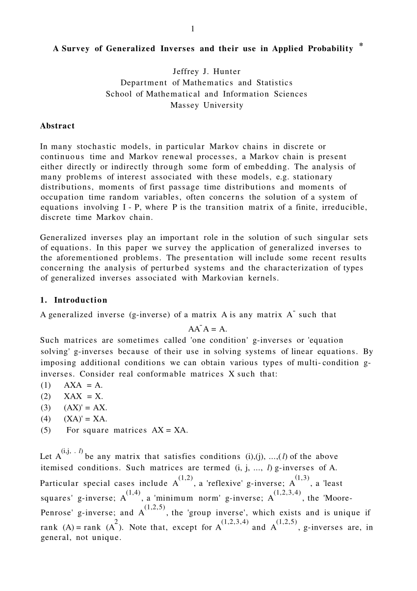 (PDF) A survey of generalized inverses and their use in applied probability