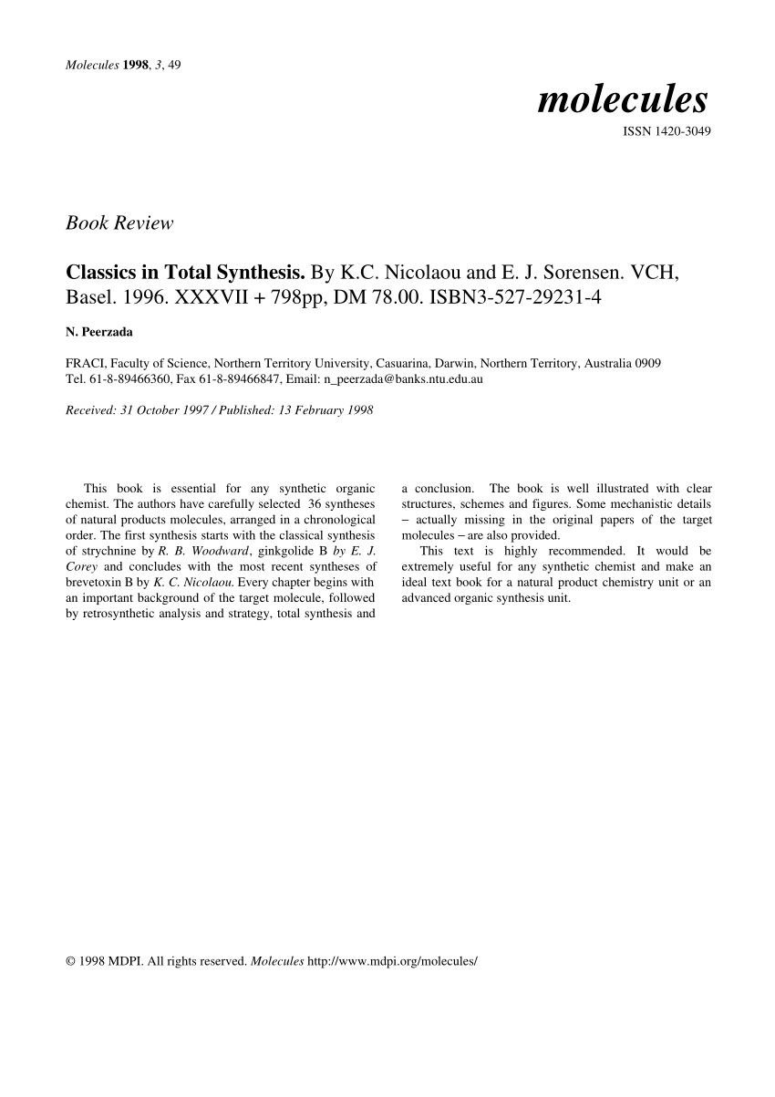 PDF) Classics in Total Synthesis. By K.C. Nicolaou and E. J. Sorensen