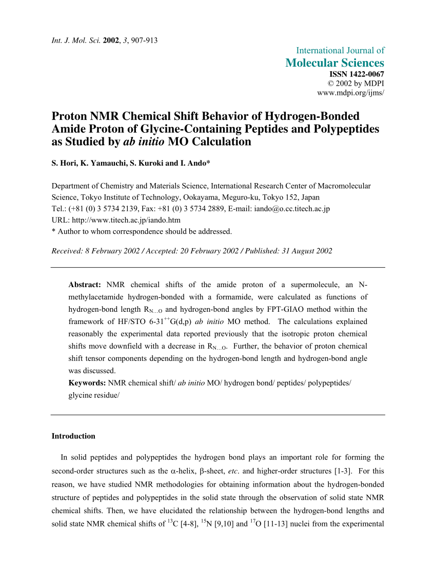Pdf Proton Nmr Chemical Shift Behavior Of Hydrogen Bonded Amide Proton Of Glycine Containing Peptides And Polypeptides As Studied By Ab Initio Mo Calculation