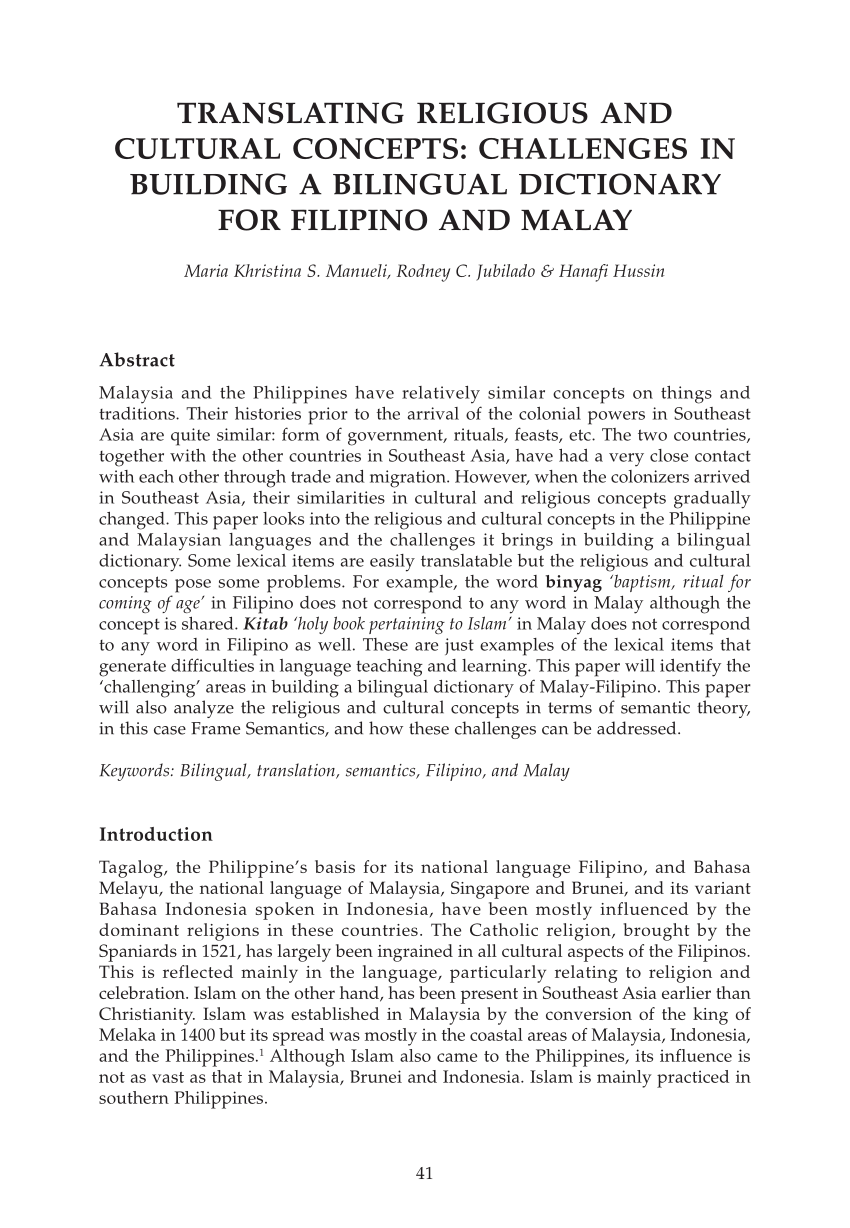 Pdf Translating Religious And Cultural Concepts Challenges In Building A Bilingual Dictionary For Filipino And Malay