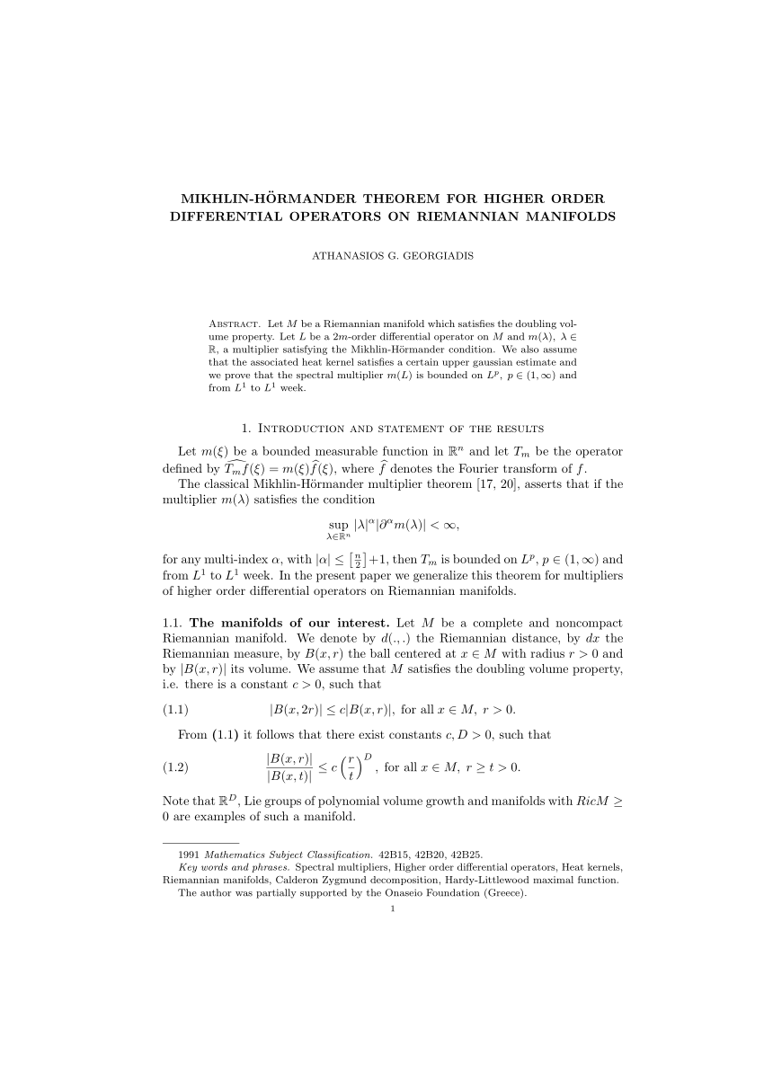 Pdf Mikhlin Hormander Theorem For Higher Order Differential Operators On Riemannian Manifolds