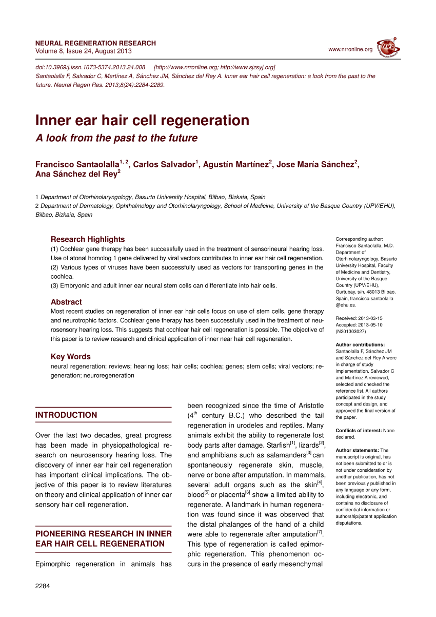 (PDF) Inner ear hair cell regeneration A look from the past to the future