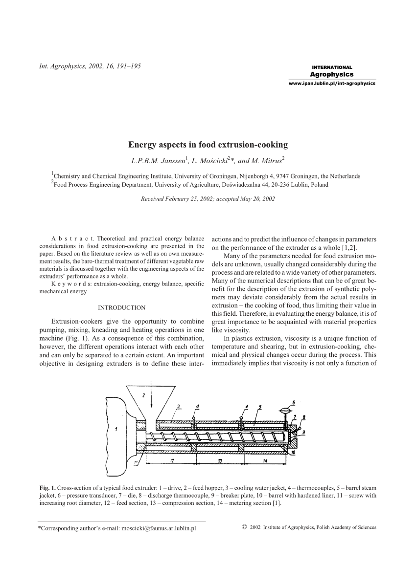 Pdf Energy Aspects In Food Extrusion Cooking