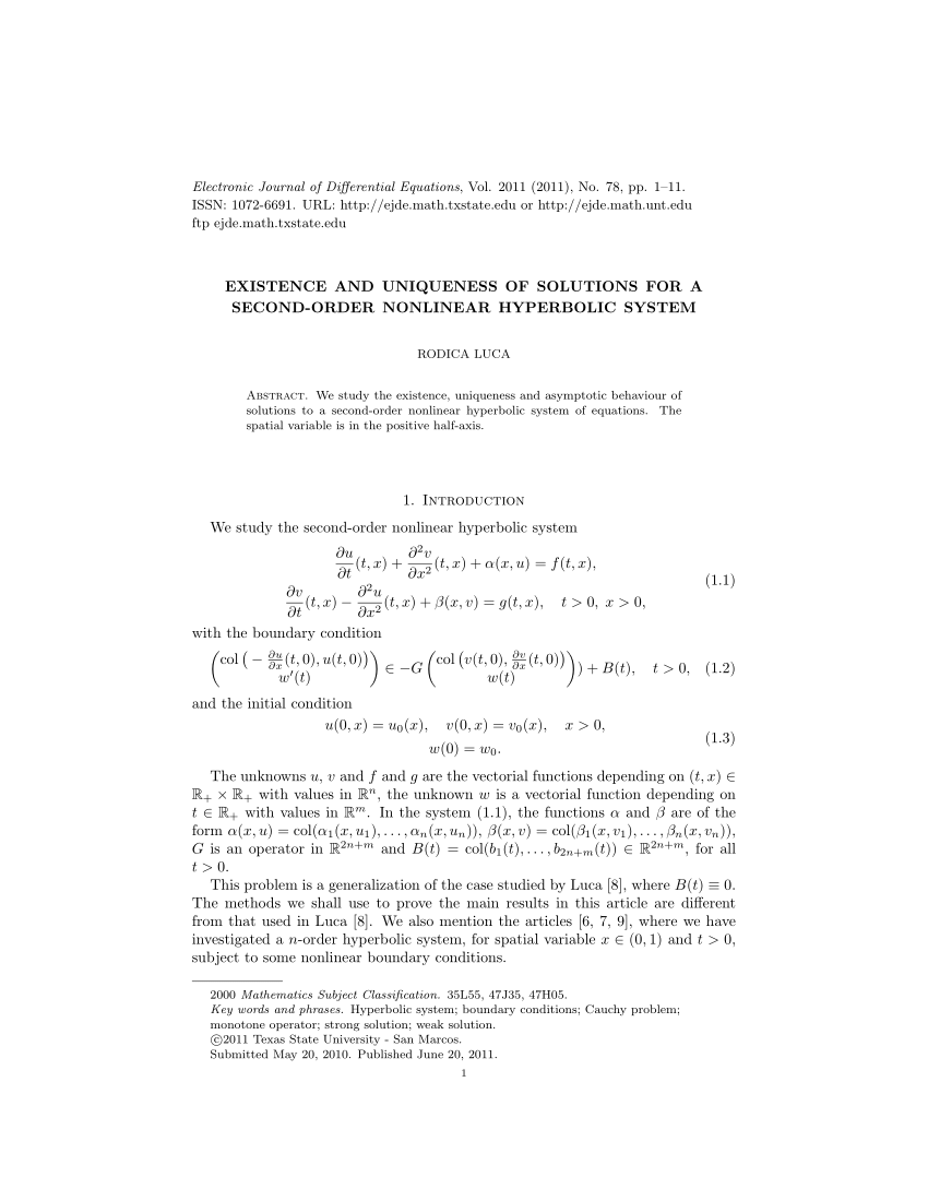 Pdf Existence And Uniqueness Of Solutions For A Second Order Nonlinear Hyperbolic System