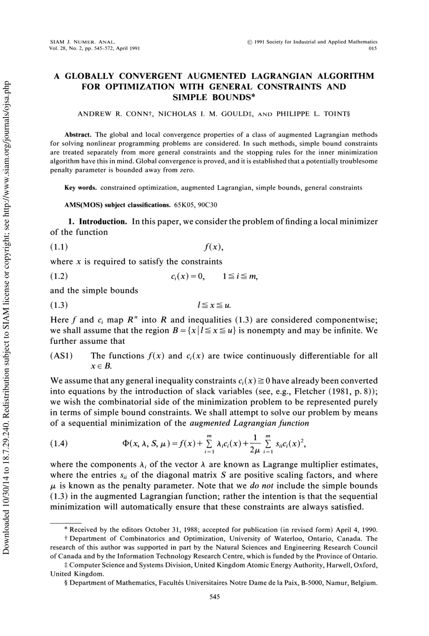 Pdf A Globally Convergent Augmented Lagrangian Algorithm For Optimization With General Constraints And Simple Bounds