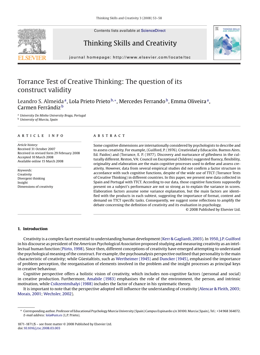 Pdf Torrance Test Of Creative Thinking The Question Of Its Construct Validity