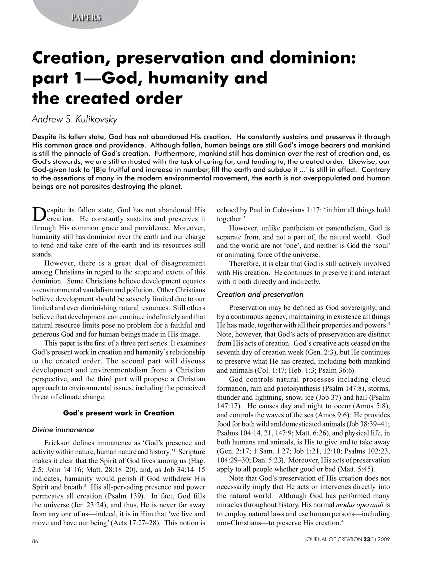 PDF) Creation, preservation and 1—God, humanity and the created order