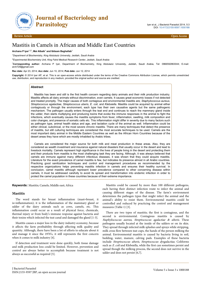 Pdf Mastitis In Camels In African And Middle East Countries