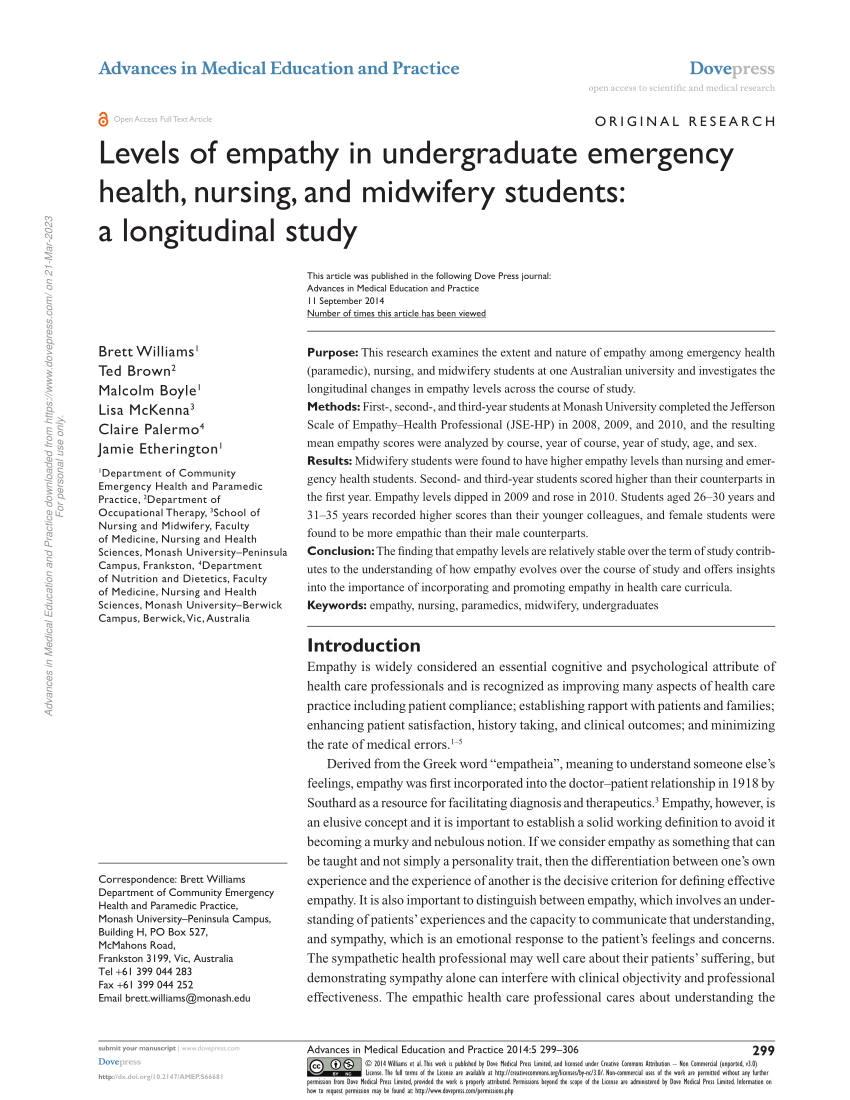 PDF) Levels of empathy in undergraduate emergency health, nursing, and midwifery students A longitudinal study