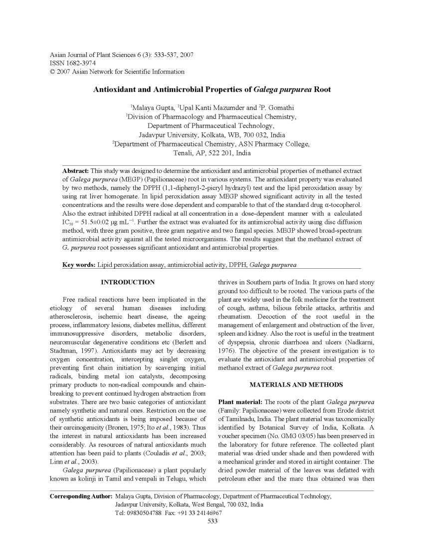 (PDF) Antioxidant and Antimicrobial Properties of Galega purpurea Root