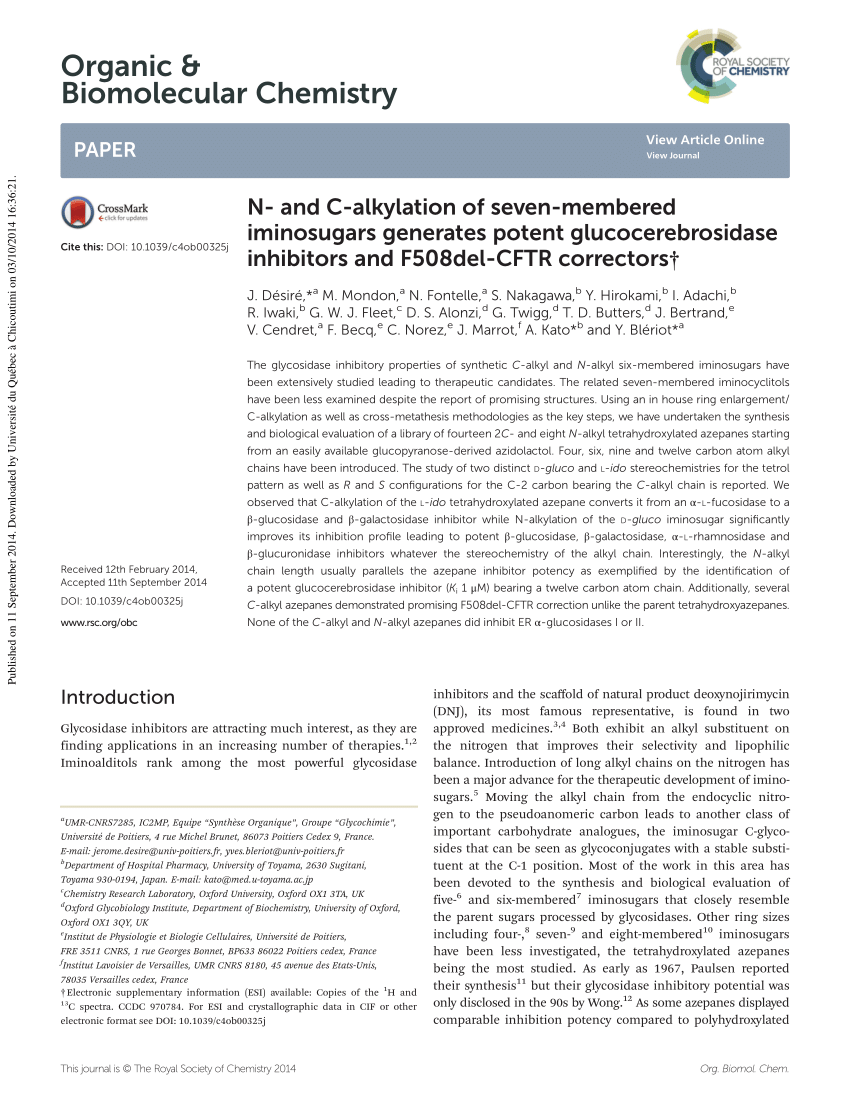 Pdf N And C Alkylation Of Seven Membered Iminosugars Generates Potent Glucocerebrosidase Inhibitors And F508del Cftr Correctors
